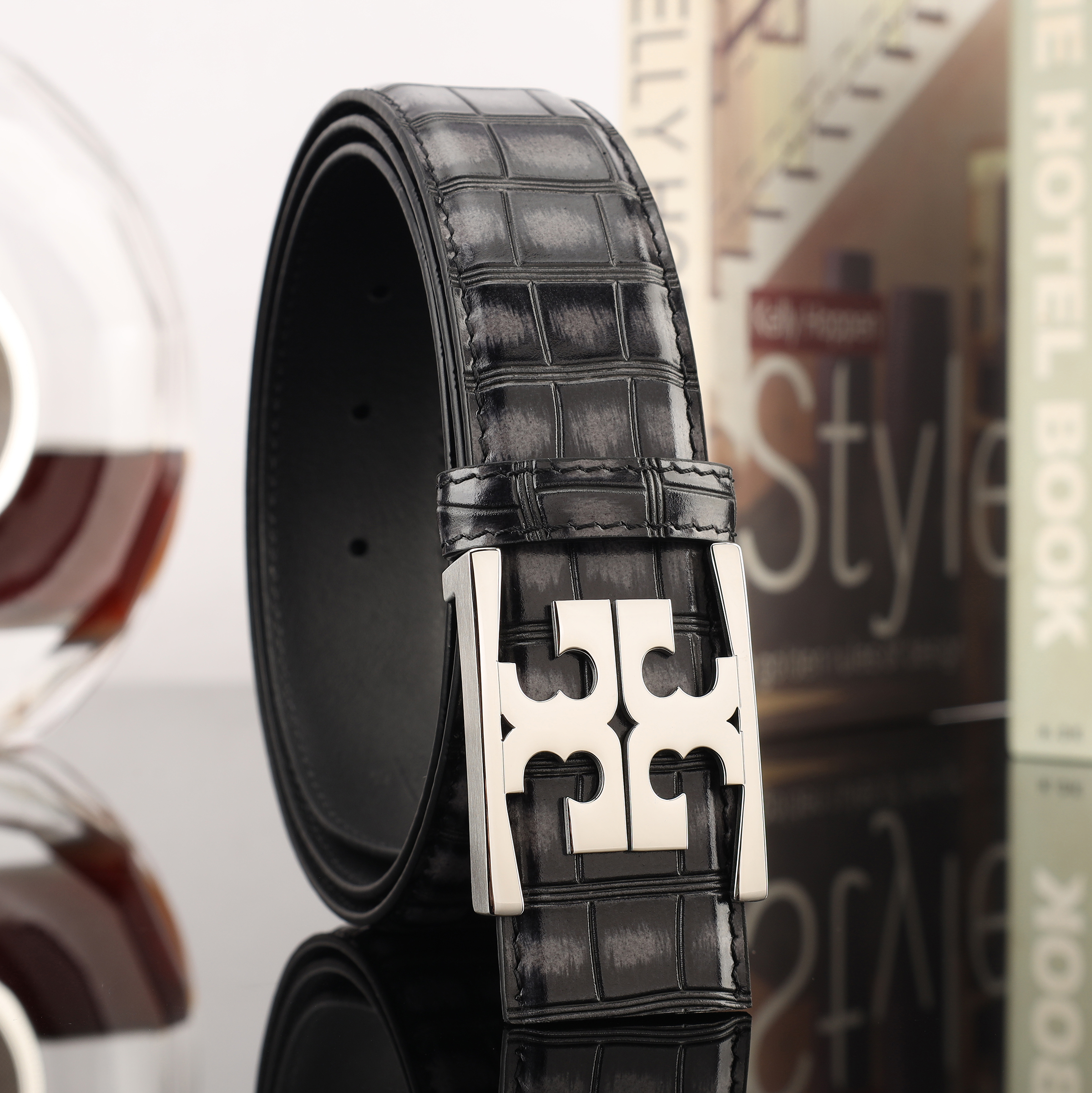 Guangdong Leather Belt Manufacturers Straight Hair Crocodile Bamboo Belt Plate Buckle Business Belt Men details Picture