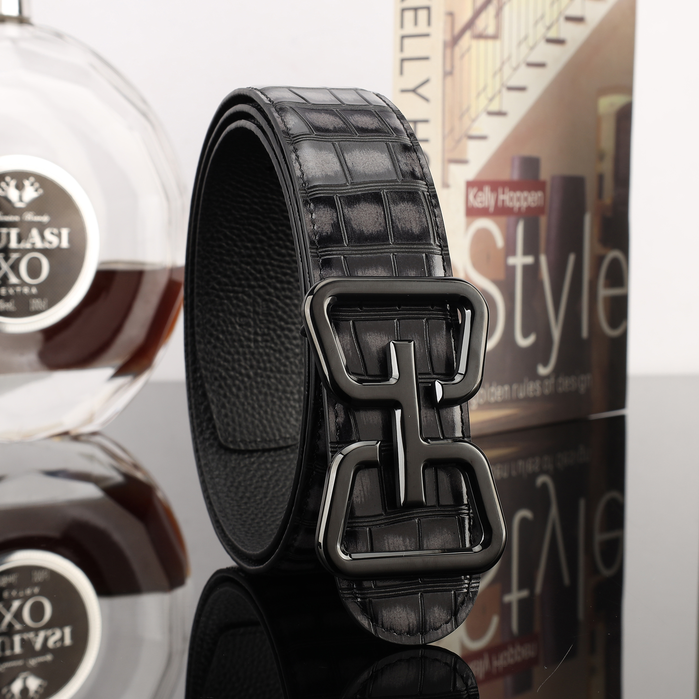 Guangzhou Men's First Layer Cowhide Crocodile Bamboo Knot Head Layer Cowhide Belt details Picture