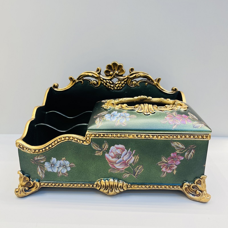 Dark green fruit plate, tissue box, vase, high-end home flower arrangement, hotel living room decoration, resin flower arrangement, decoration, home decoration, large vase, TV cabinet decoration, vase, hotel decoration handicraft, home decoration details Picture