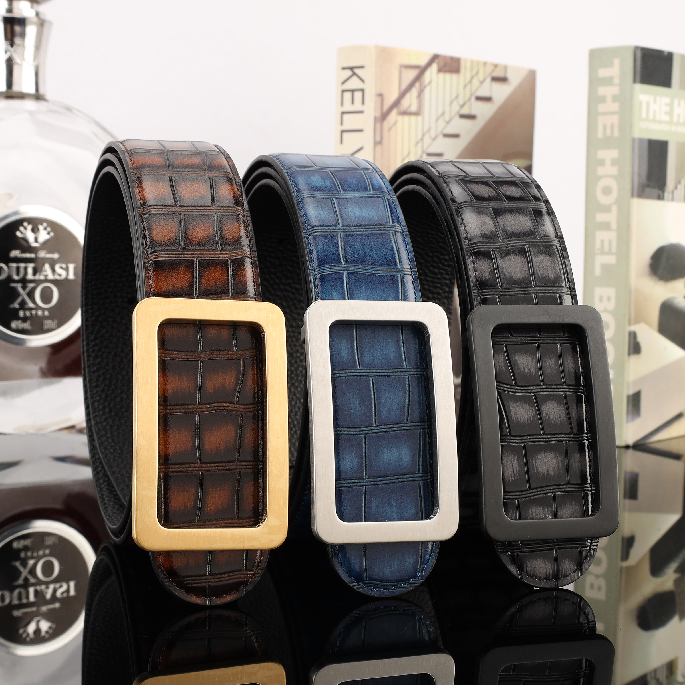 Guangzhou Men's First Layer Cowhide Crocodile Bamboo Knot Grain First Layer Cowhide Belt Manufacturers Straight
