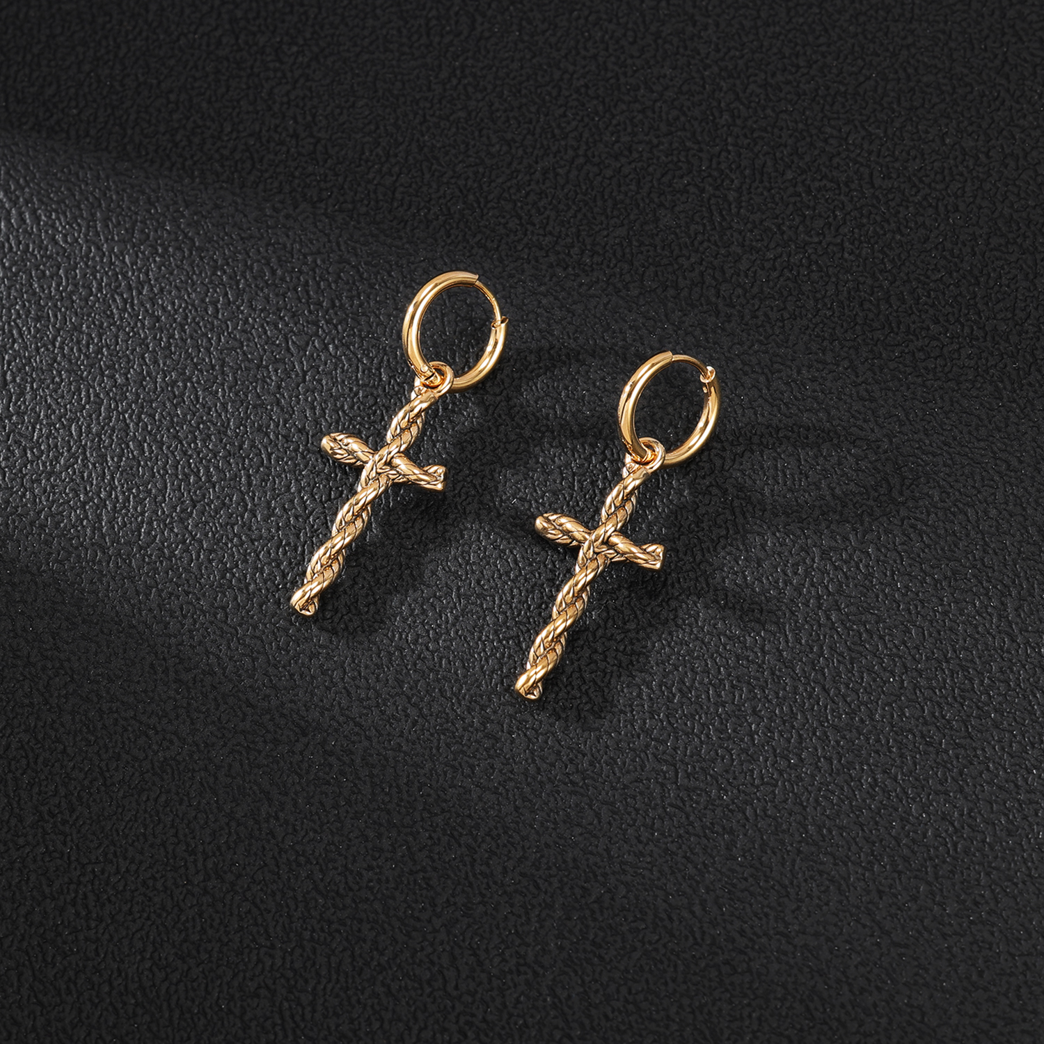 2*10mm金色不锈钢麻花十字架吊坠耳环1对产品图