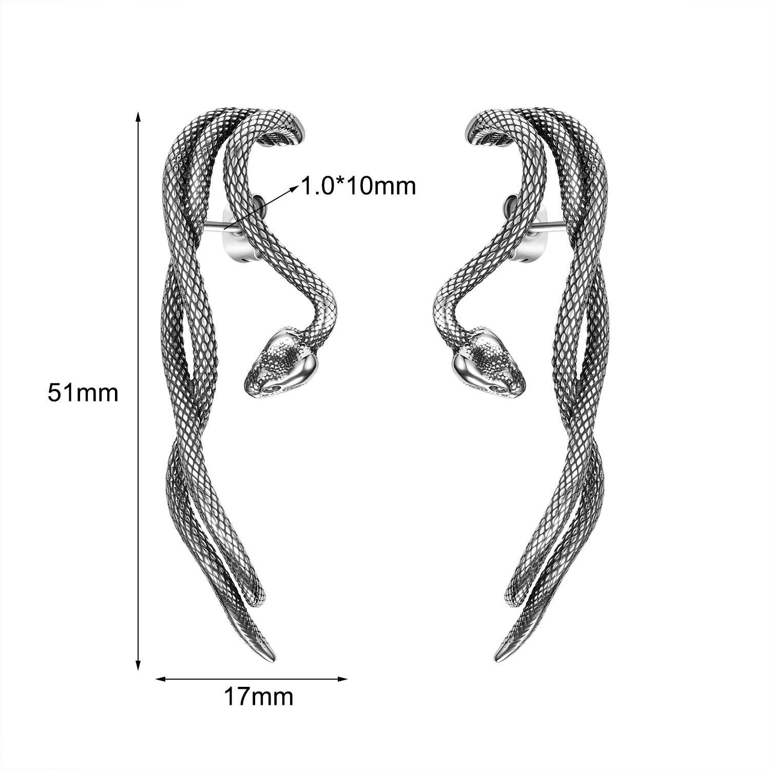 1.0*10*17/50mm钢色不锈钢蛇头蛇尾巴耳针（配蝴蝶耳塞）1对白底实物图