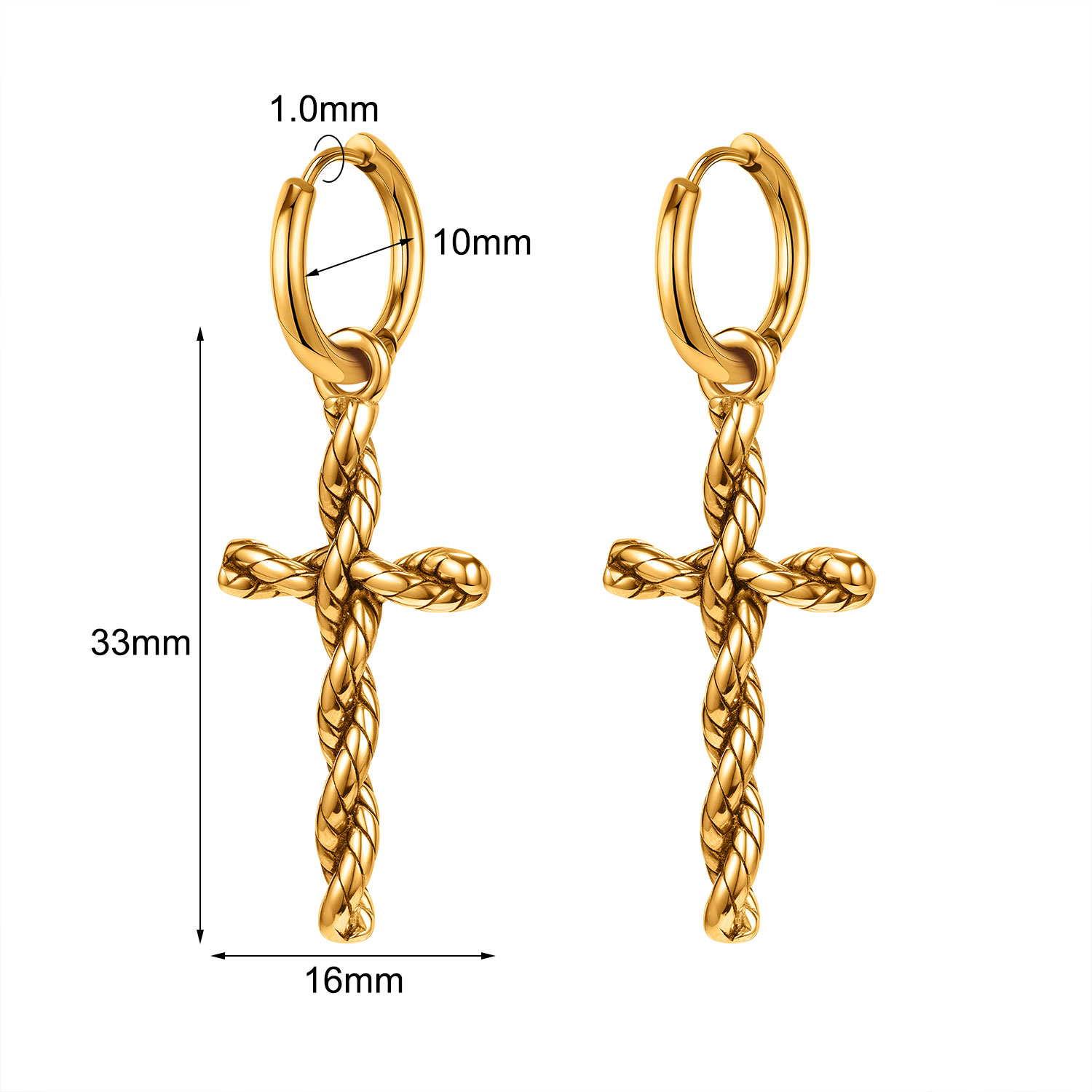 2*10mm金色不锈钢麻花十字架吊坠耳环1对白底实物图