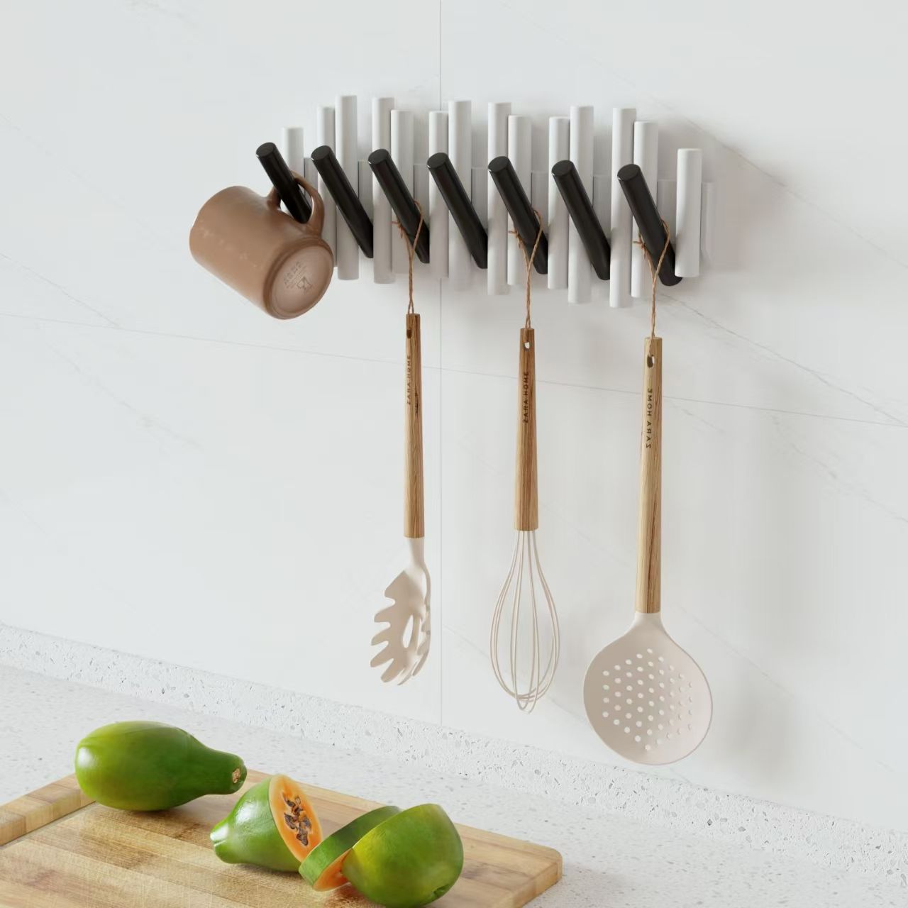 Solid wood coat rack, wall-mounted clothes hanger, stick, piano key style, door rear wall hook, bedroom nail-free storage rack pic 3