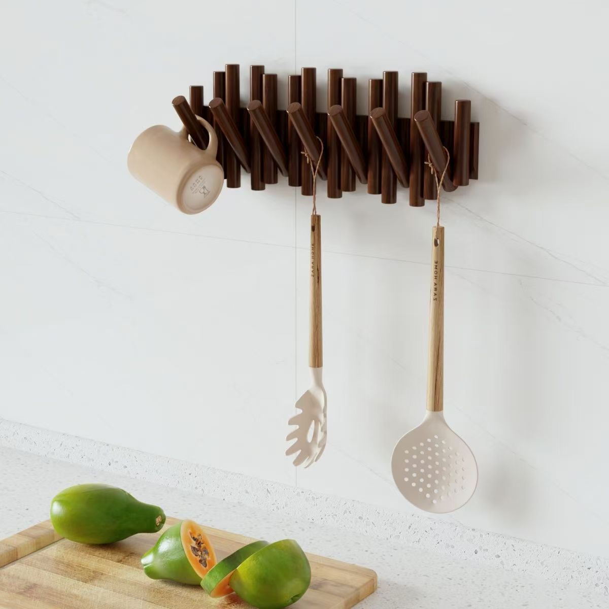Solid wood coat rack, wall-mounted clothes hanger, stick, piano key style, door rear wall hook, bedroom nail-free storage rack pic 8
