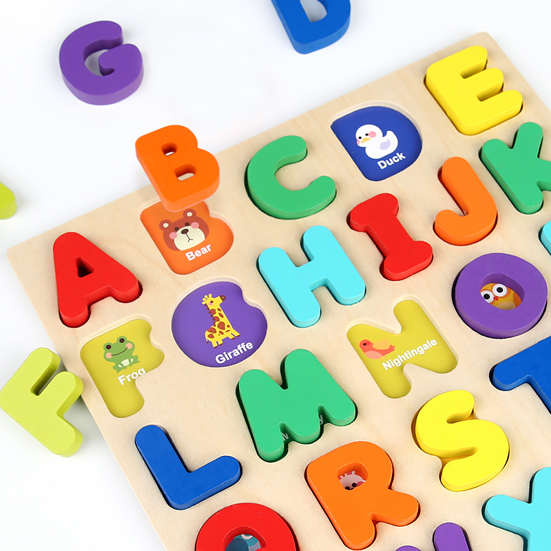 CPC CE EN71 Export Certificate 3D three-dimensional wooden jigsaw Puzzle numbers and case 26 letter shape puzzle blocks matching children's educational toys early education enlightenment cognitive jigsaw puzzle Specification drawing