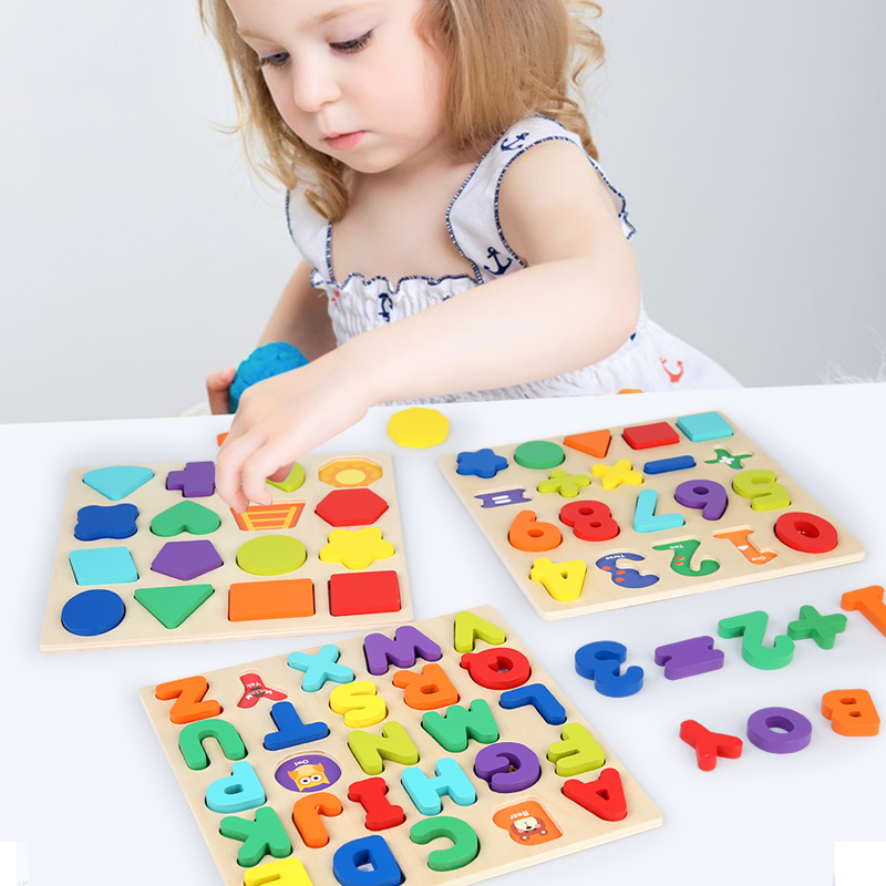 CPC CE EN71 Export Certificate 3D three-dimensional wooden jigsaw Puzzle numbers and case 26 letter shape puzzle blocks matching children's educational toys early education enlightenment cognitive jigsaw puzzle details Picture