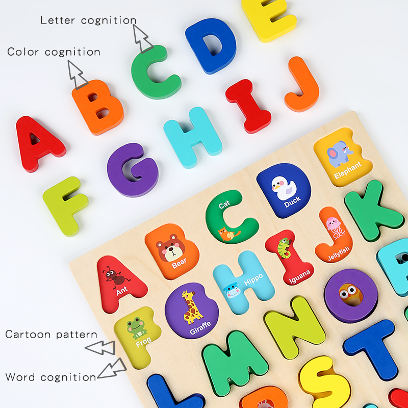 CPC CE EN71 Export Certificate 3D three-dimensional wooden jigsaw Puzzle numbers and case 26 letter shape puzzle blocks matching children's educational toys early education enlightenment cognitive jigsaw puzzle Application Scenario
