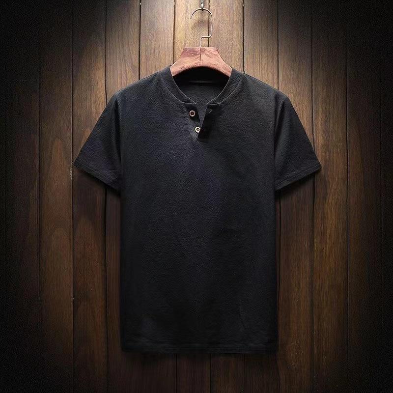 Chinese Style Summer Linen Short-Sleeved T-shirt Men's Loose Large Size Tang Suit Two Buttons Solid Color Cotton Linen T-shirt Top Men Specification drawing