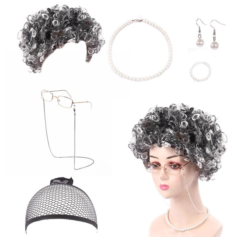 cos wig for the elderly flower white wig for women short curly hair silver white hair halloween grandma old lady hair wig