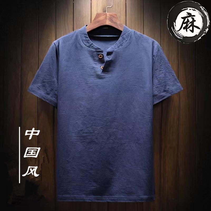 Chinese Style Summer Linen Short-Sleeved T-shirt Men's Loose Large Size Tang Suit Two Buttons Solid Color Cotton Linen T-shirt Top Men full figure