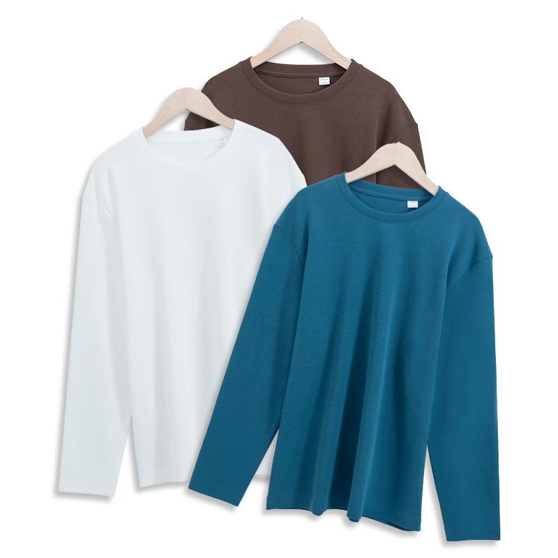 2024 high-end new double-sided t-shirt xinjiang cotton air layer 230g long sleeve bottoming shirt women's non-ironing round neck t-shirt men Item Picture