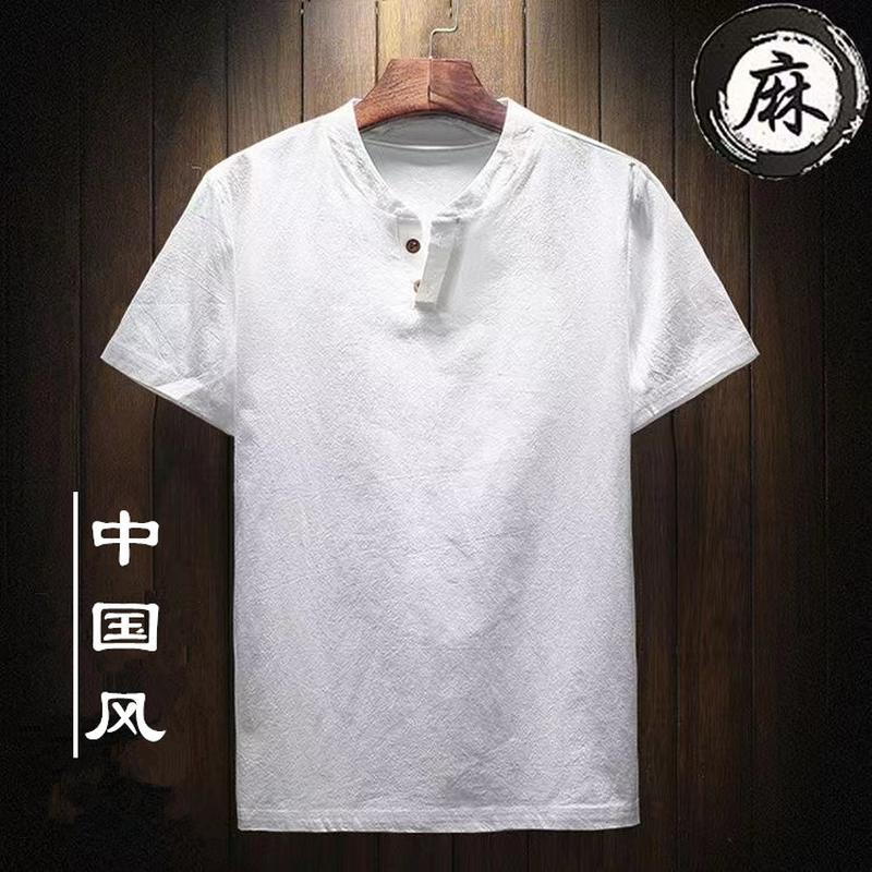 Chinese Style Summer Linen Short-Sleeved T-shirt Men's Loose Large Size Tang Suit Two Buttons Solid Color Cotton Linen T-shirt Top Men details Picture