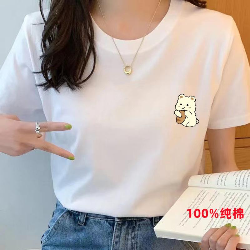 2024 women's summer round neck loose-fitting pure cotton short sleeves t-shirt women's korean-style new shoulder bottoming shirt stall wholesale details Picture