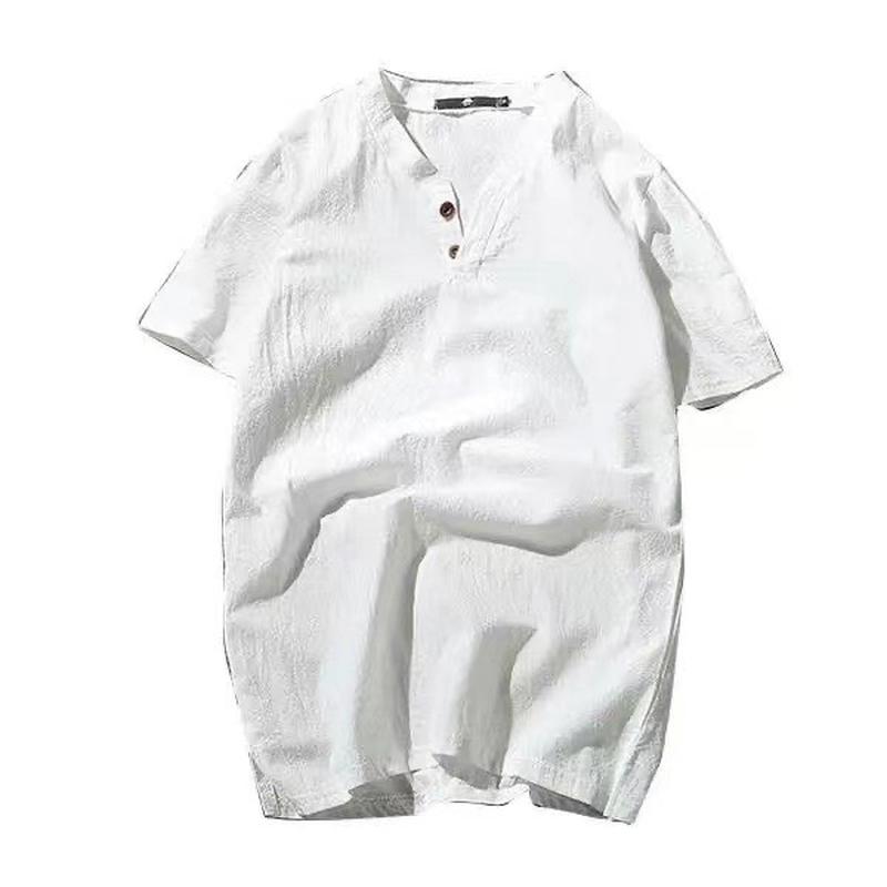 Chinese Style Summer Linen Short-Sleeved T-shirt Men's Loose Large Size Tang Suit Two Buttons Solid Color Cotton Linen T-shirt Top Men Item Picture