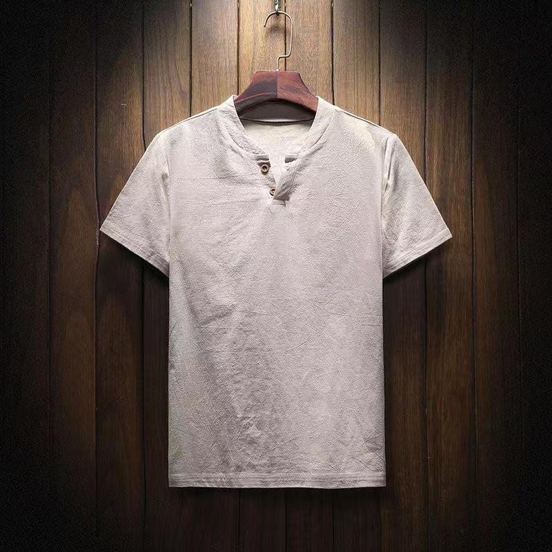 Chinese Style Summer Linen Short-Sleeved T-shirt Men's Loose Large Size Tang Suit Two Buttons Solid Color Cotton Linen T-shirt Top Men Application Scenario