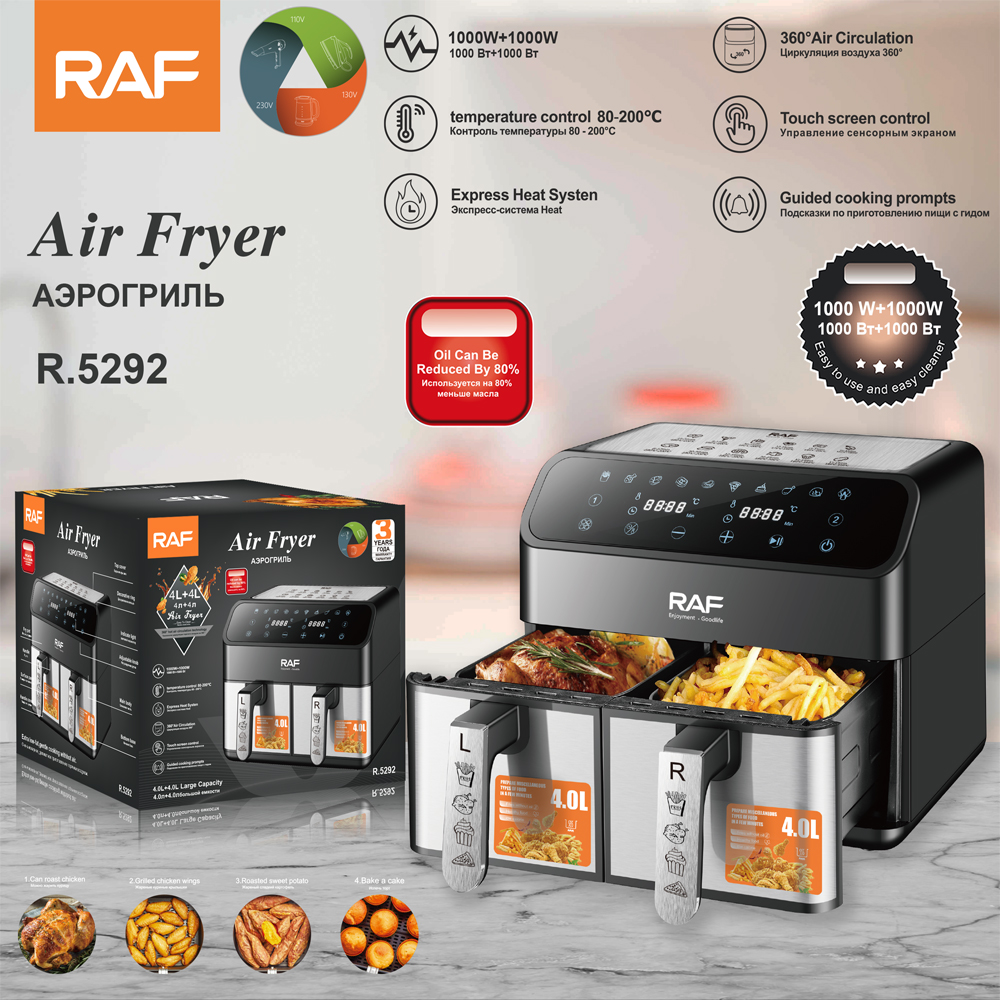 RAF European standard cross-border air fryer, dual-pot, large-capacity, multi-functional household electric fryer, smokeless touch screen, 8L thumbnail
