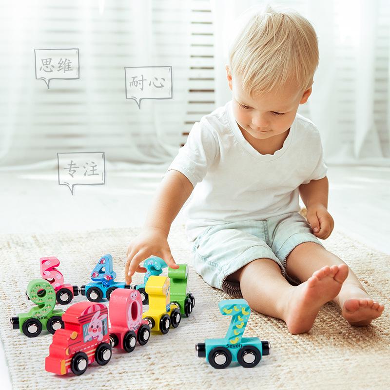 Wooden Building Blocks Early Education Assembled Combination Puzzle Magnetic Digital Animal Small Train Drag Children's Building Blocks Toys details Picture