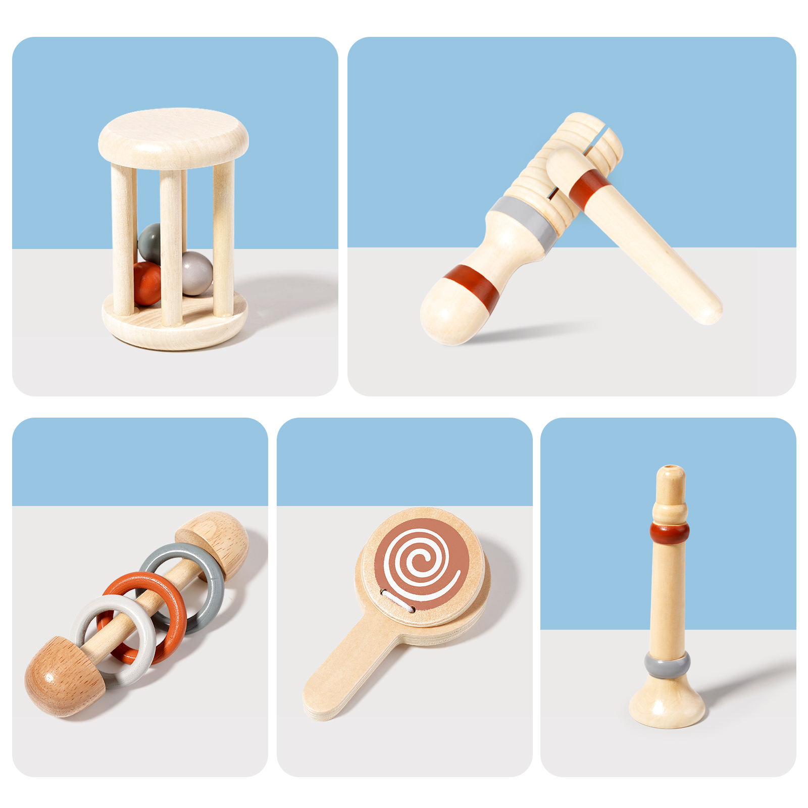 Rattle instrument Five-piece Orff instrument set Baby Music sense children's wooden toys Wooden baby rattle Cross-border kindergarten science education early education percussion music combination Wooden children's toys teaching AIDS details Picture
