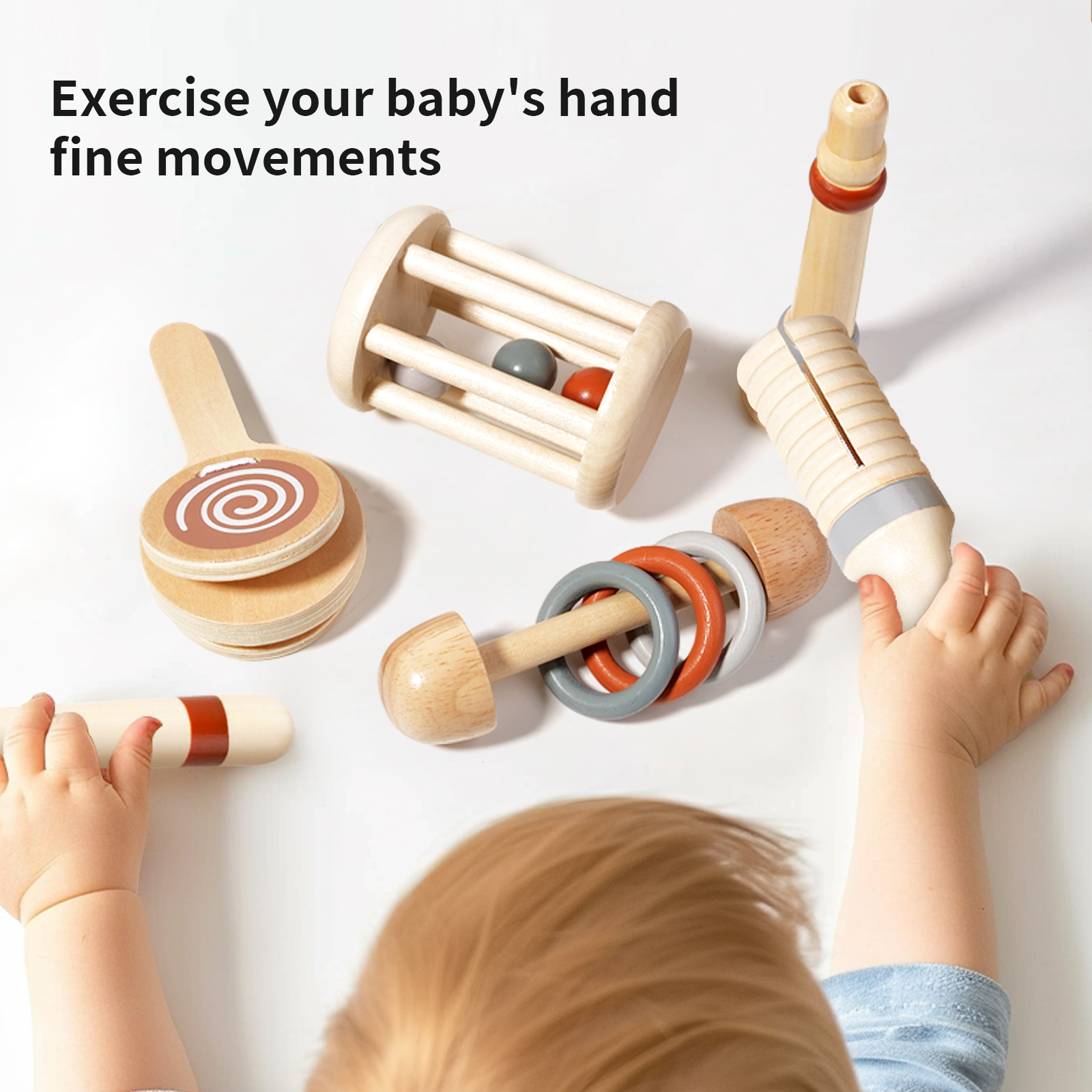 Rattle instrument Five-piece Orff instrument set Baby Music sense children's wooden toys Wooden baby rattle Cross-border kindergarten science education early education percussion music combination Wooden children's toys teaching AIDS Specification drawing