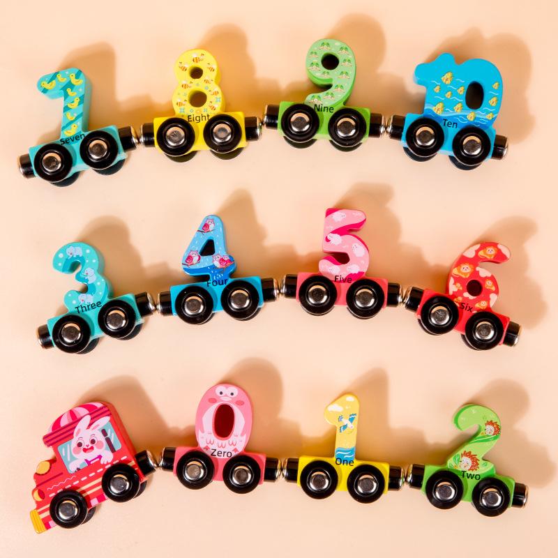 Wooden Building Blocks Early Education Assembled Combination Puzzle Magnetic Digital Animal Small Train Drag Children's Building Blocks Toys Item Picture