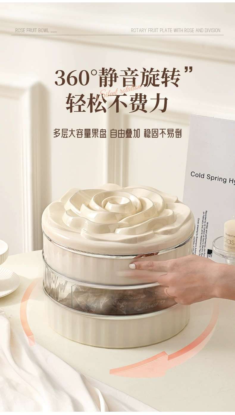 L69-LQW22027 Three-layer fruit tray Household light luxury division rose candy box living room rotating multi-layer nut box undefined