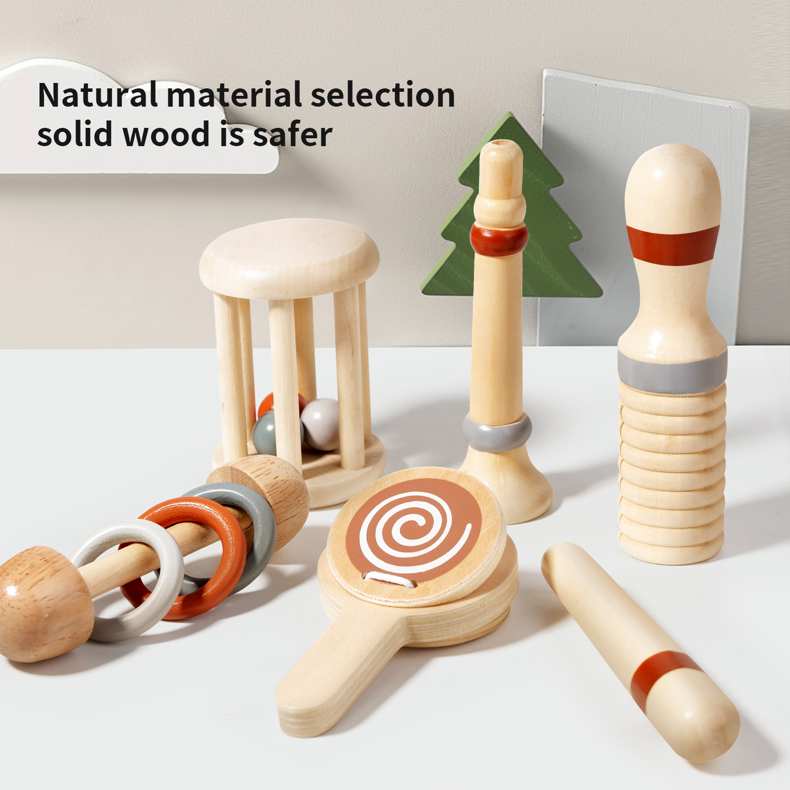 Rattle instrument Five-piece Orff instrument set Baby Music sense children's wooden toys Wooden baby rattle Cross-border kindergarten science education early education percussion music combination Wooden children's toys teaching AIDS Application Scenario