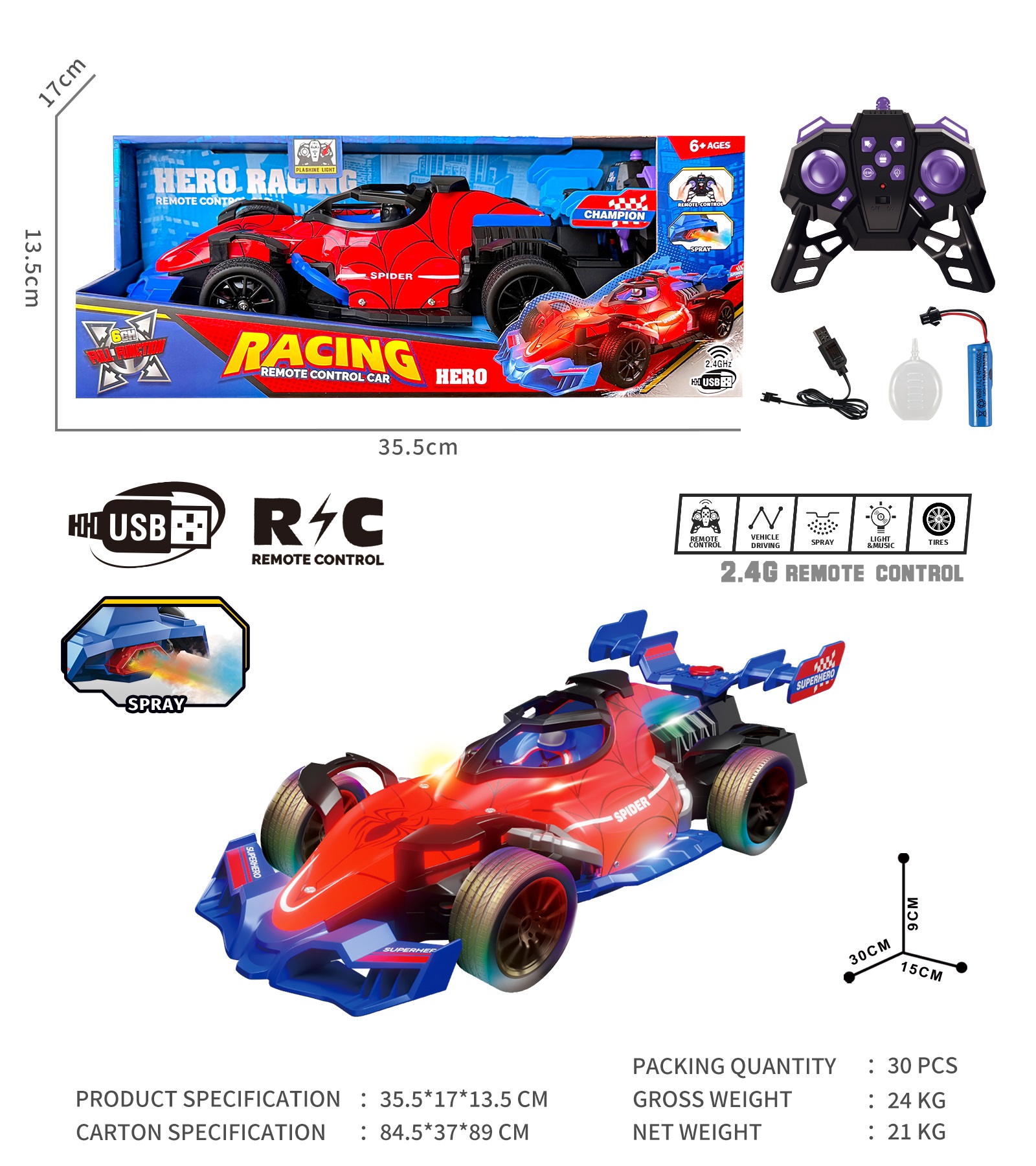 New 2.4G spray remote control car, lights, music, children's racing car, battery pack Application Scenario