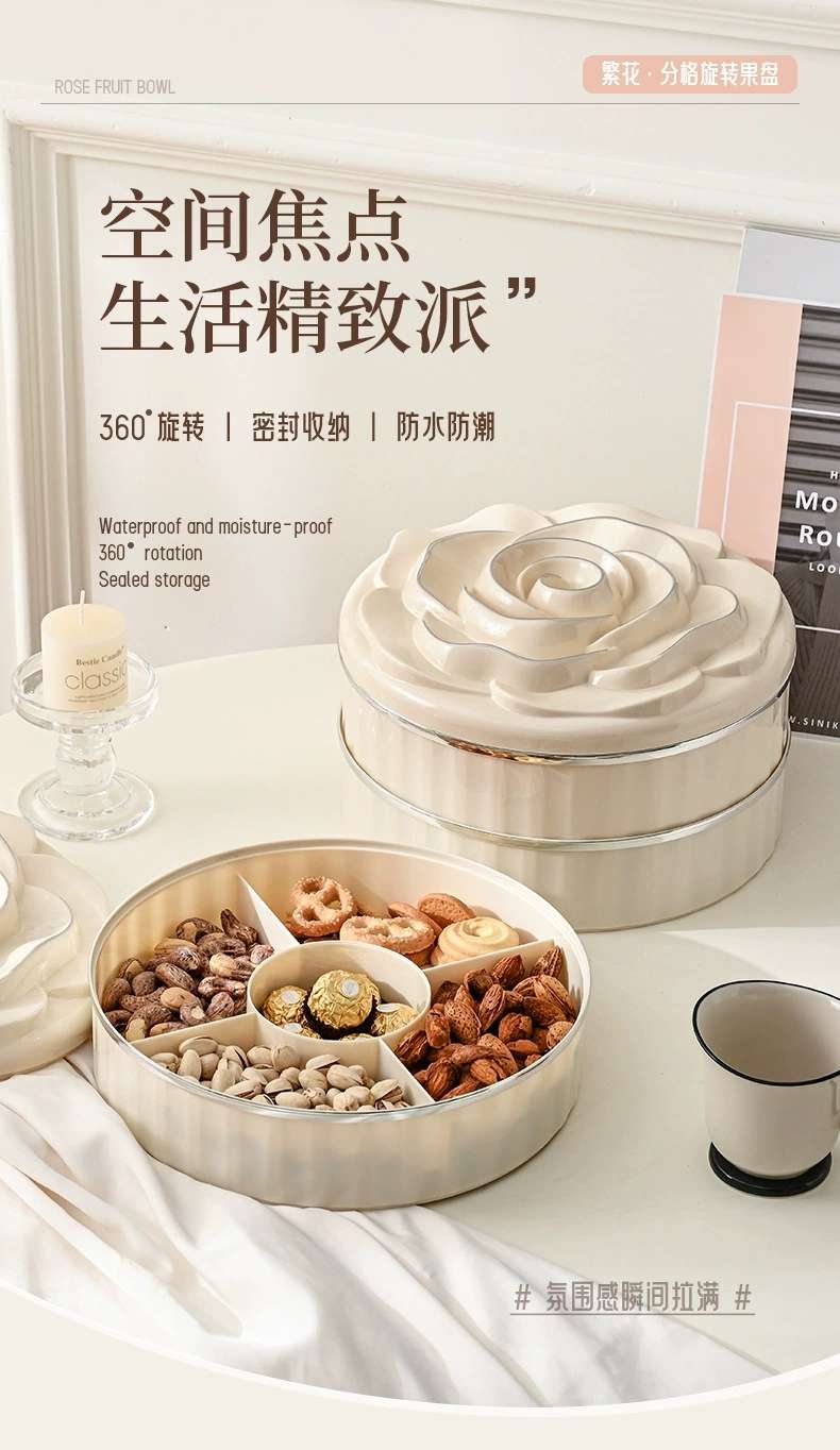 L69-LQW22027 Three-layer fruit tray Household light luxury division rose candy box living room rotating multi-layer nut box Item Picture