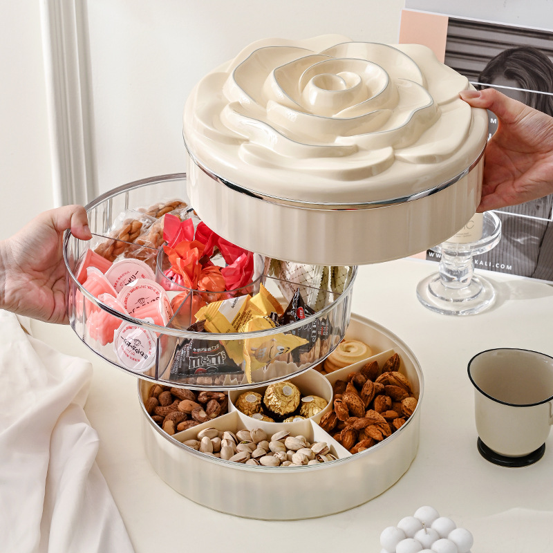 L69-LQW22027 Three-layer fruit tray Household light luxury division rose candy box living room rotating multi-layer nut box full figure