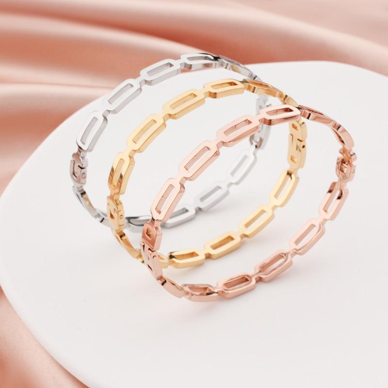 european and american fashion ins style rose gold titanium steel bracelet stainless steel hollow rectangular chain with mouth bracelet details Picture