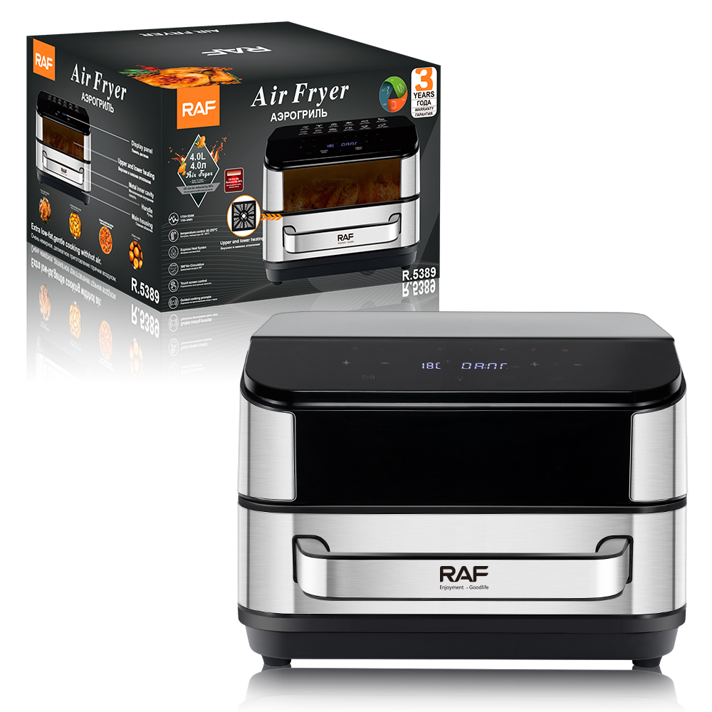 RAF European standard cross-border air fryer, 4L capacity household electric pizza pan, visible top and bottom heating, smokeless electric grill details Picture