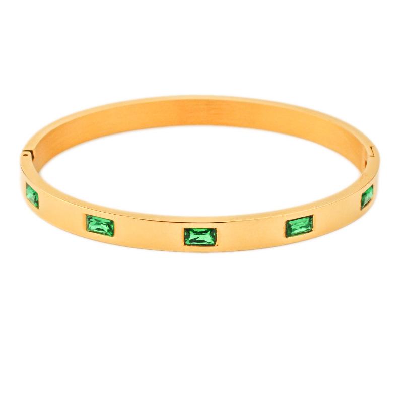 Ins French Titanium Steel Bracelet 18K Gold Vacuum Plated Non-Fading Inlaid Emerald rectangular Zircon Stainless Steel Bracelet Female  Item Picture