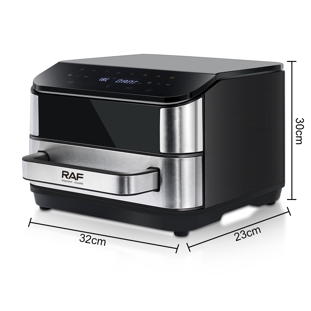 RAF European standard cross-border air fryer, 4L capacity household electric pizza pan, visible top and bottom heating, smokeless electric grill Specification image