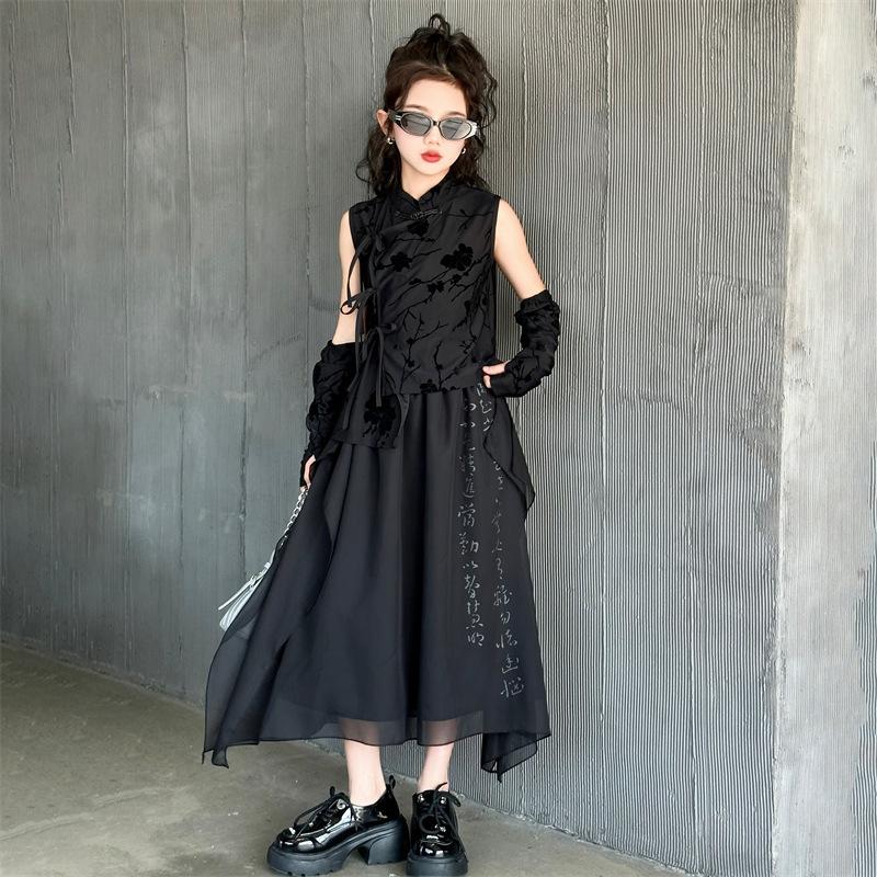 girls' new chinese style top spring and summer new children's national style gauze skirt girls sleeveless tang costume han costume suit performance clothes Specification drawing