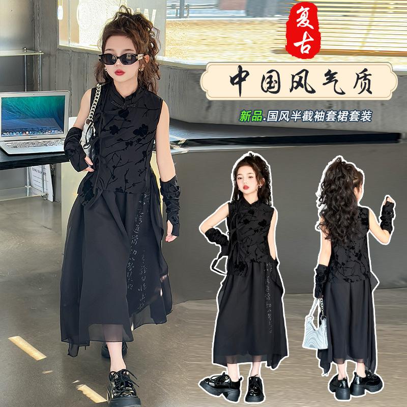 girls' new chinese style top spring and summer new children's national style gauze skirt girls sleeveless tang costume han costume suit performance clothes full figure