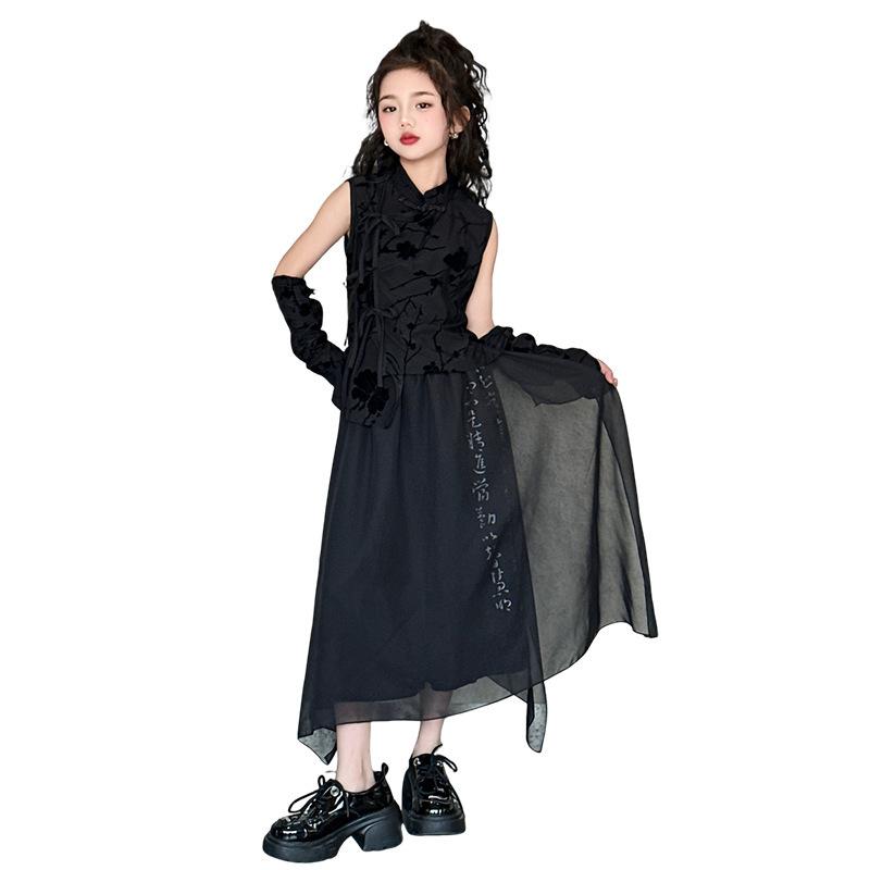 girls' new chinese style top spring and summer new children's national style gauze skirt girls sleeveless tang costume han costume suit performance clothes Item Picture