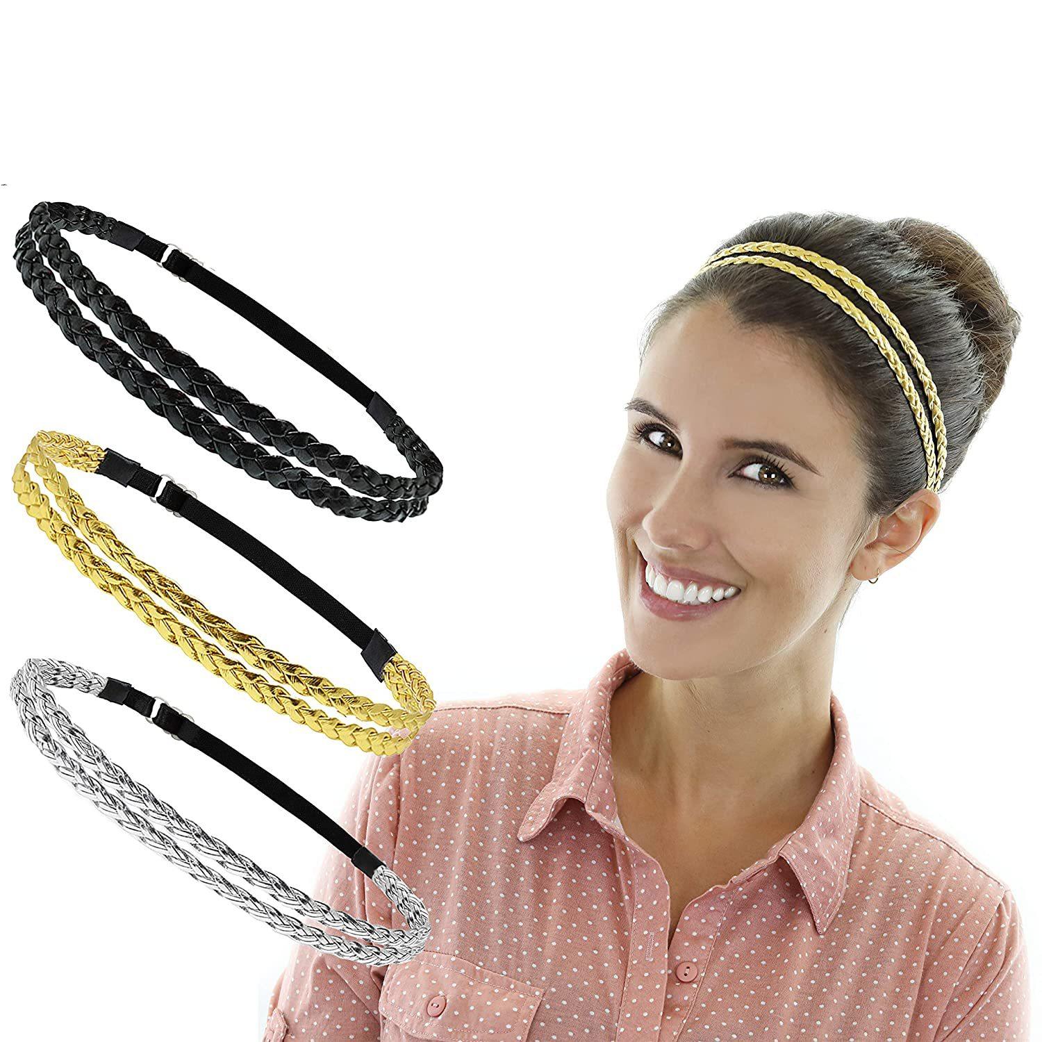 adjustable elastic woven headband double woven three-strand twisted gold silver european and american cross-border simple style hair accessories Specification drawing