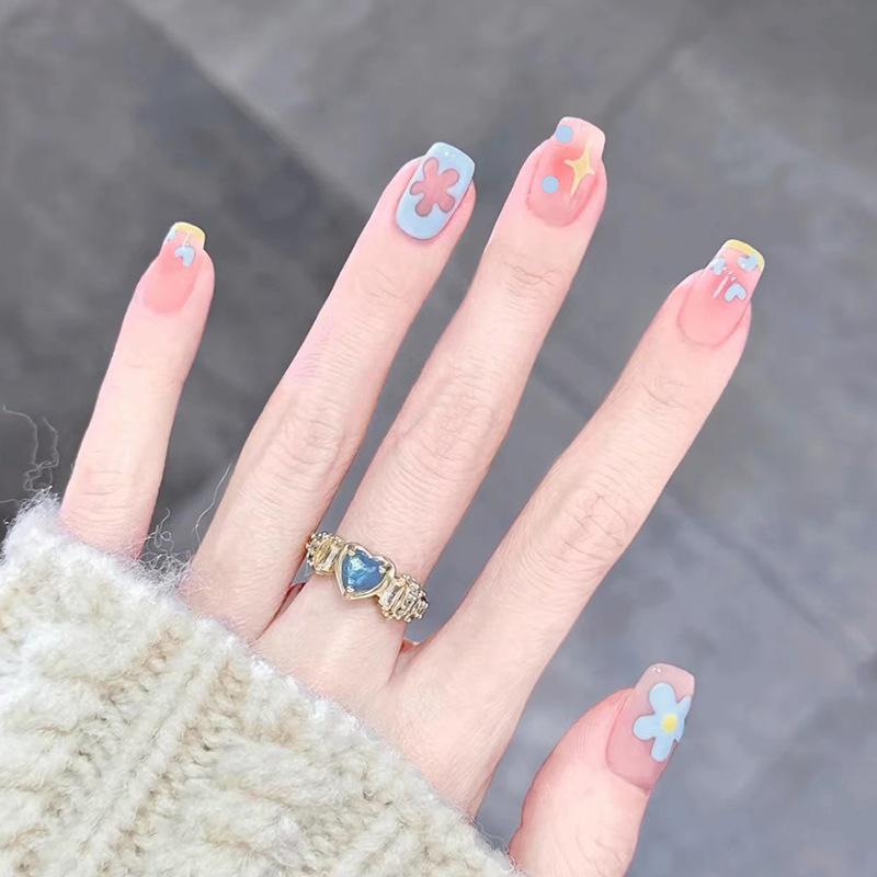 early spring milk blue wear nail cute hand painted nail art finished product custard french love fake nails nail tip wholesale Item Picture