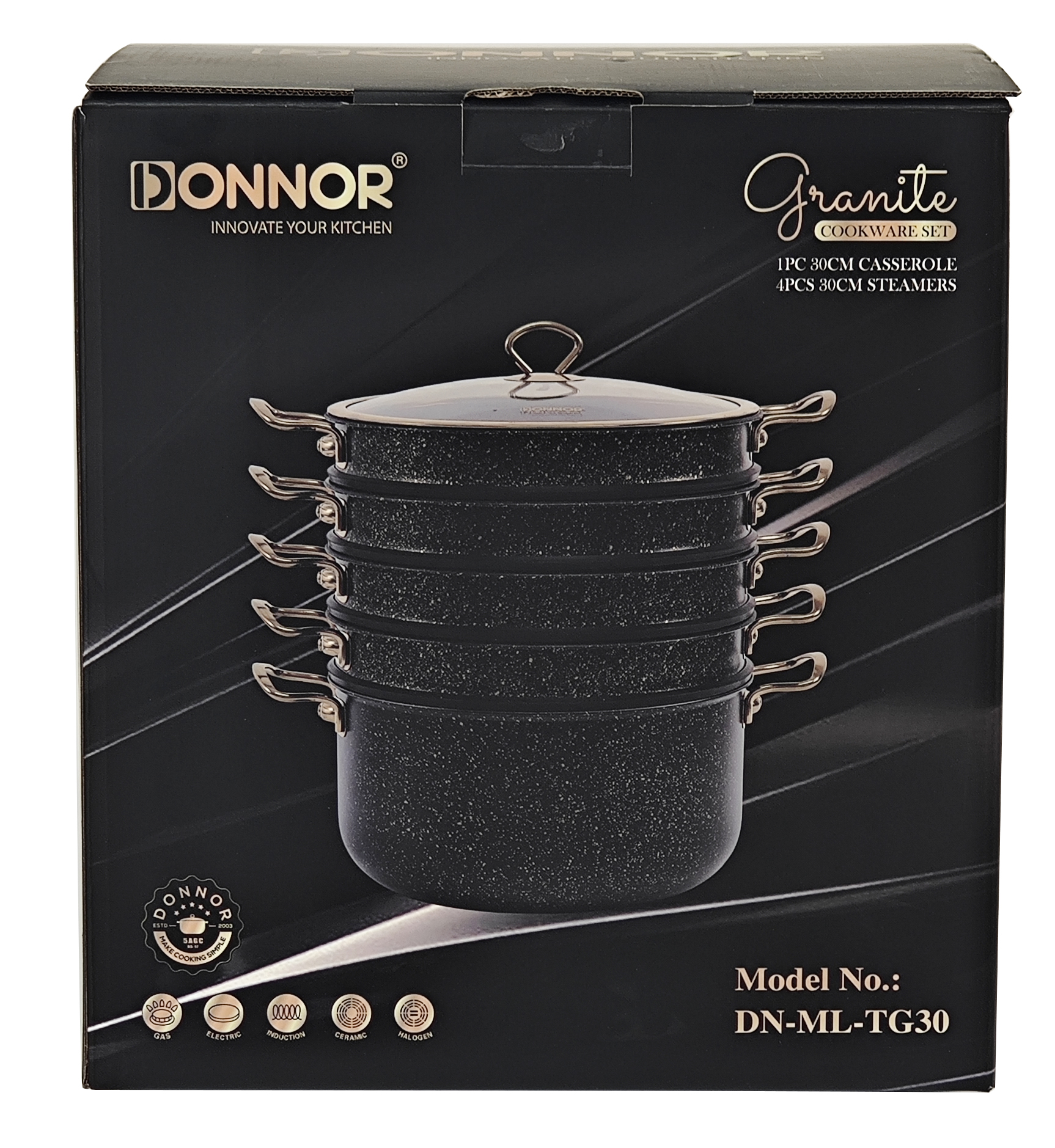 Mary 6-piece set: 30 soup POTS, 30 steamers *4, wide-edge PVD coated LIDS. Five-layer color box, 4 sets per box. Color: white details Picture