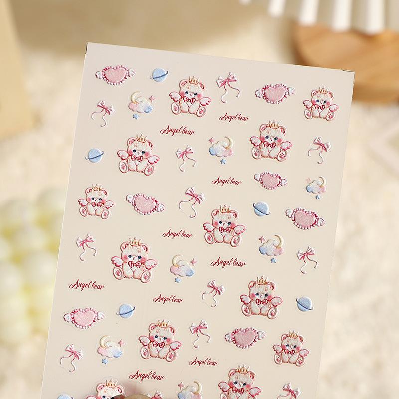 in stock nail art stickers three-dimensional relief hot style adhesive cute nail sticker angel bear pink bear nail sticker details Picture