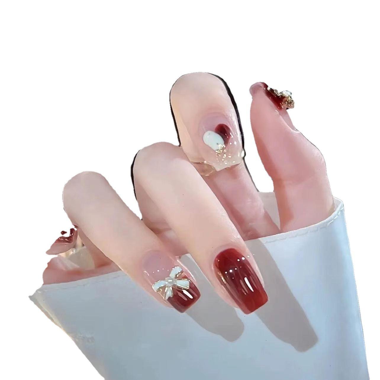 Wine Red Classic Style Bow Elegant White Wearing Nail Pearl French Nail Art Aurora Handmade Item Picture