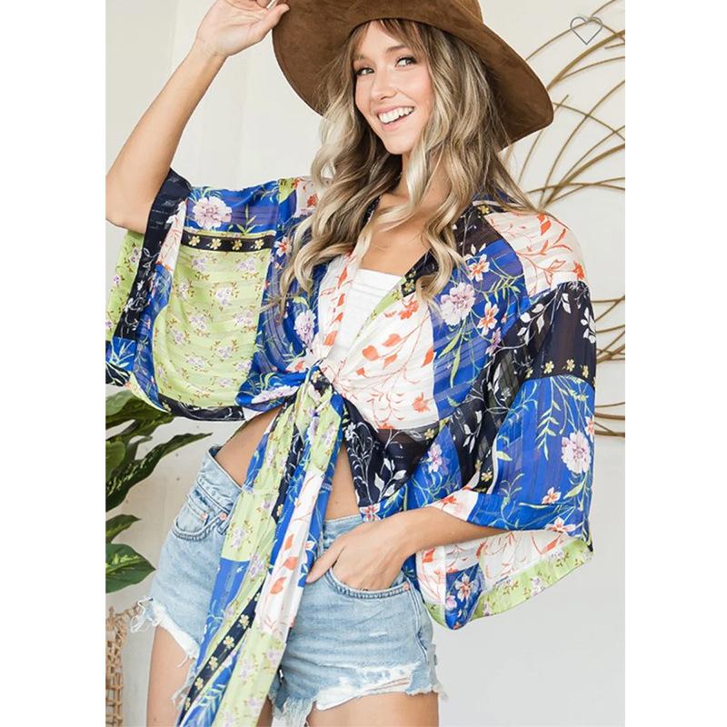 2023 new european and american chiffon beach blouse loose plus size leisure vacation robe bikini sun protection clothing Specification drawing
