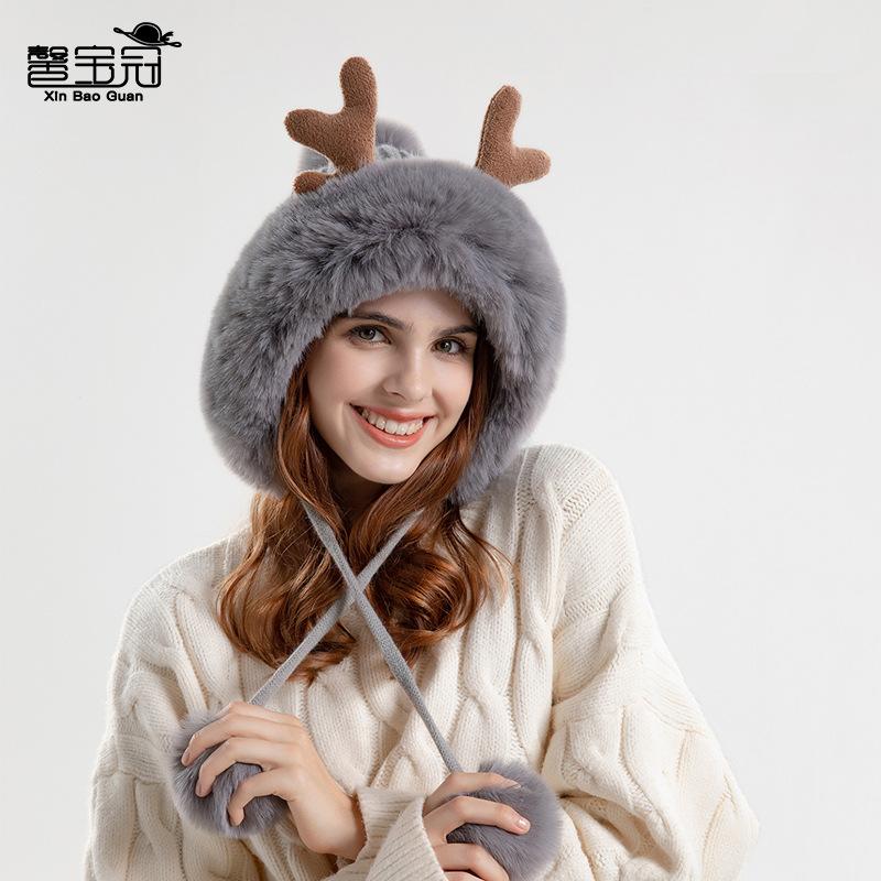 9991 new antlers knitted woolen cap plush earflaps slipover hat korean style shuttlecock thickened warm hat children full figure