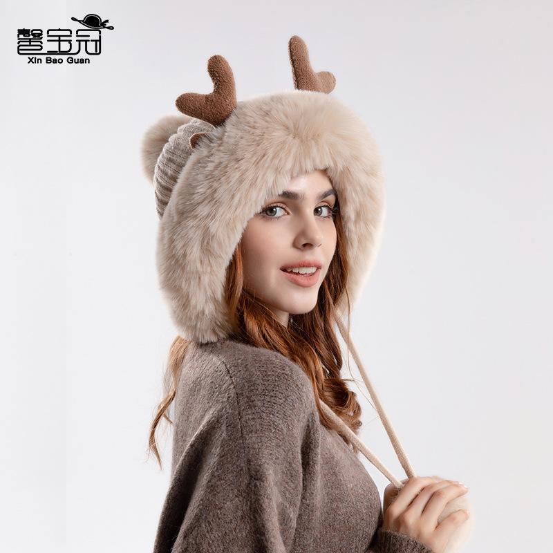 9991 new antlers knitted woolen cap plush earflaps slipover hat korean style shuttlecock thickened warm hat children details Picture