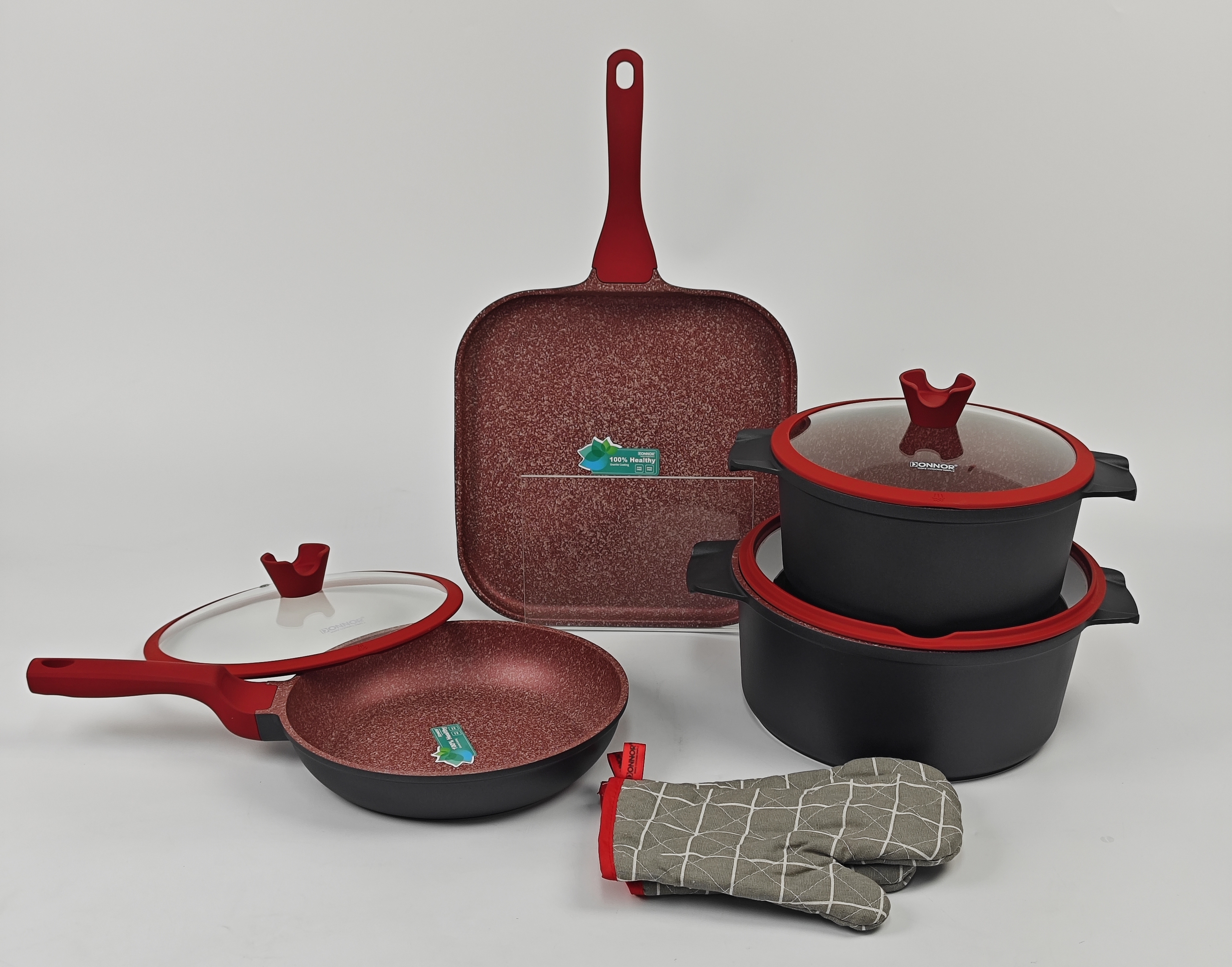 Ruili Series 9-piece set: 24/28 soup pot, 26 frying pan, 28 pizza pan, silicone lid, pair of cotton gloves, bottom covering, stacked packaging, five-layer silver-embossed color box, black, blue, ivory white Specification image