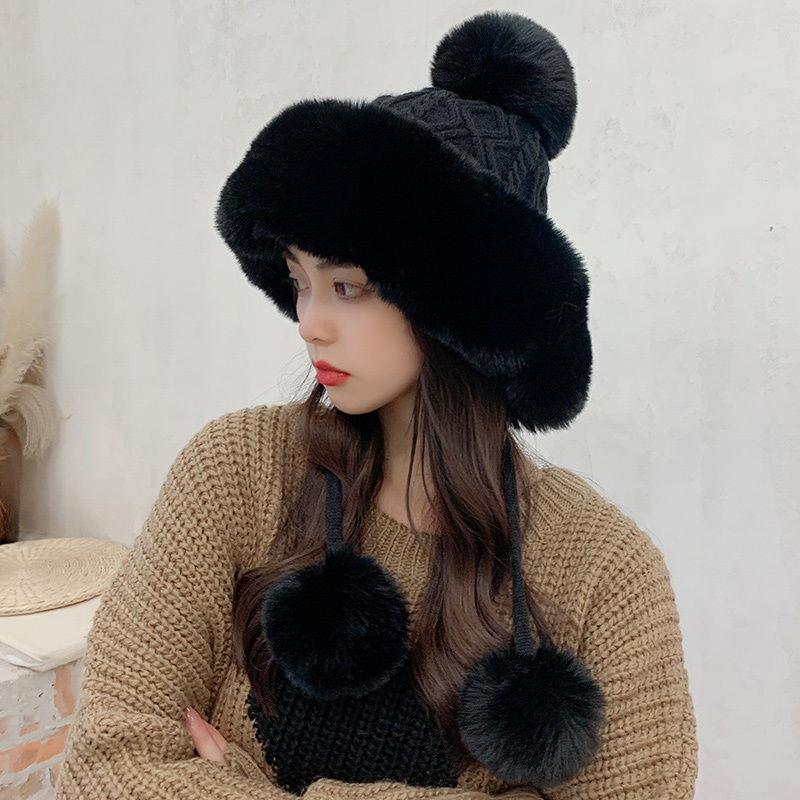 autumn and winter women's cotton cashmere sleeve cap shuttlecock cute fleece-lined thickened cold protection keep warm pure color knitted hat Application Scenario