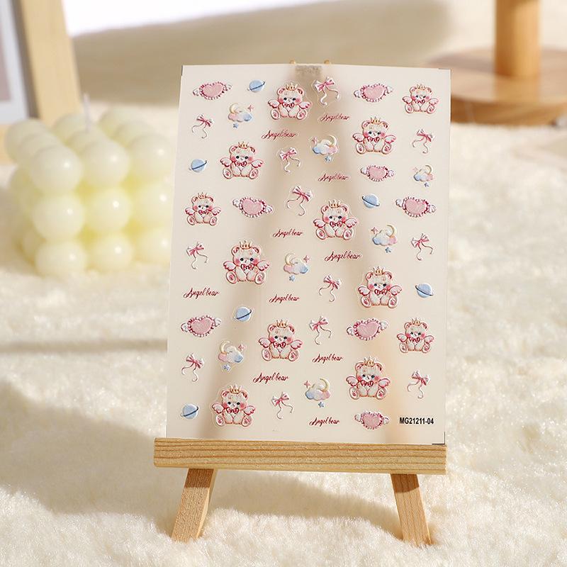 in stock nail art stickers three-dimensional relief hot style adhesive cute nail sticker angel bear pink bear nail sticker Specification drawing