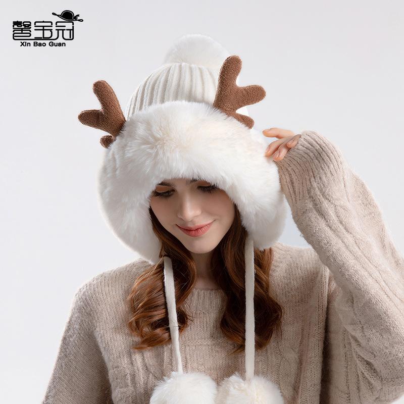 9991 new antlers knitted woolen cap plush earflaps slipover hat korean style shuttlecock thickened warm hat children Specification drawing