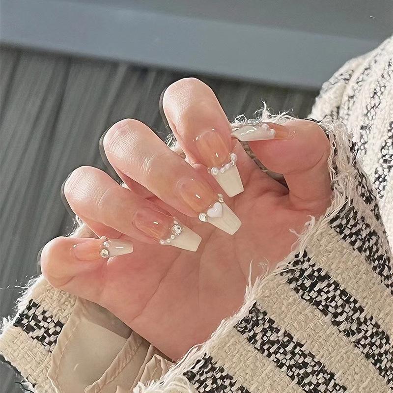 long nude milky white french wear nail gentle elegant nail patch pearl heart nail art finished product nail tip nail tip details Picture